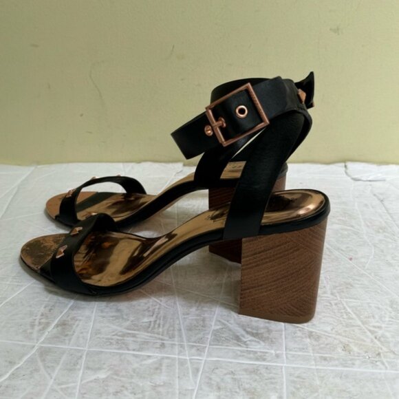Ted Baker Biah Leather Ankle Strap Block Heel Rose Gold Bow Studs Sandal Shoe 38 - Picture 3 of 16